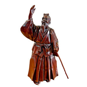 Vintage Japanese Bronze Figure Statue Wise Man with Staff & Raised Hand 8" Tall